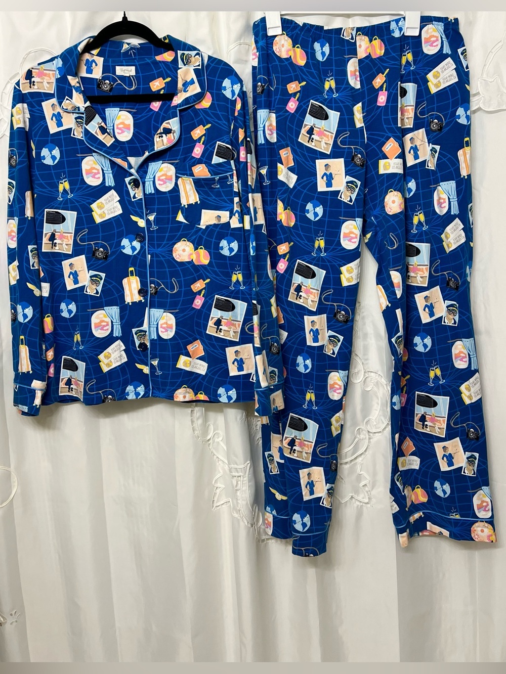 BedHead Pajamas Jet Setter Air Blue Travel Print Long Sleeve PJ Set Size L